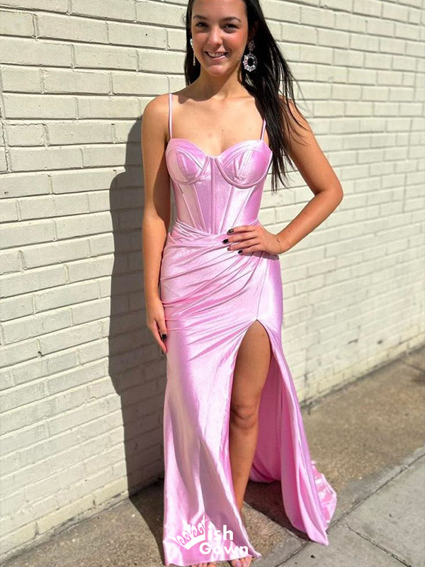 Simple Pink Mermaid Spaghetti Straps Sweetheart Sleeveless Side Slit Cheap Maxi Long Party Prom Gowns,Evening Dresses,WGP504