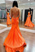 Sexy Orange Mermaid Spaghetti Straps V Neck Sleeveless Lace Up Cheap Maxi Long Party Prom Gowns,Evening Dresses,WGP511