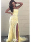 Elegant Yellow Mermaid Strapless Sleeveless Side Slit Lace Cheap Maxi Long Party Prom Gowns,Evening Dresses,WGP518