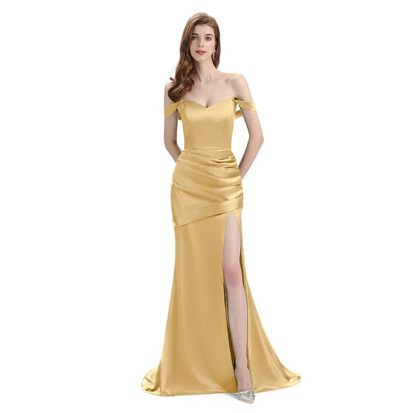 Champagne Mermaid Sexy High Slit Burnt Brown Satin Long Bridesmaid Dresses, WGM012