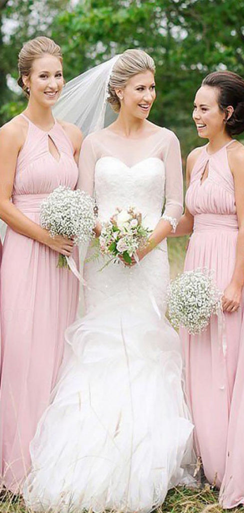 Elegant Pink A-Line Halter Popular Cheap Maxi Long Wedding Guest Bridesmaid Dresses,WGM221