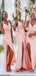 Sexy Pink Mermaid Spaghetti Straps V Neck Side Slit Popular Cheap Maxi Long Wedding Guest Bridesmaid Dresses,WGM261