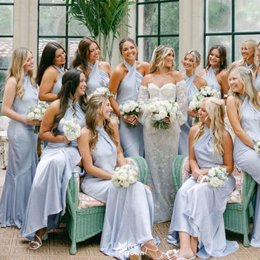 Elegant Blue V-Neck Sleeveless Mermaid Long Bridesmaid Dresses Online, WGM432