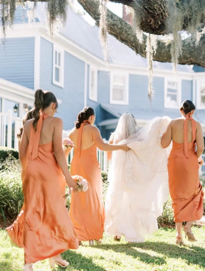 Elegant Orange High-Neck Sleeveless Mermaid Long Bridesmaid Dresses Online,WGM461