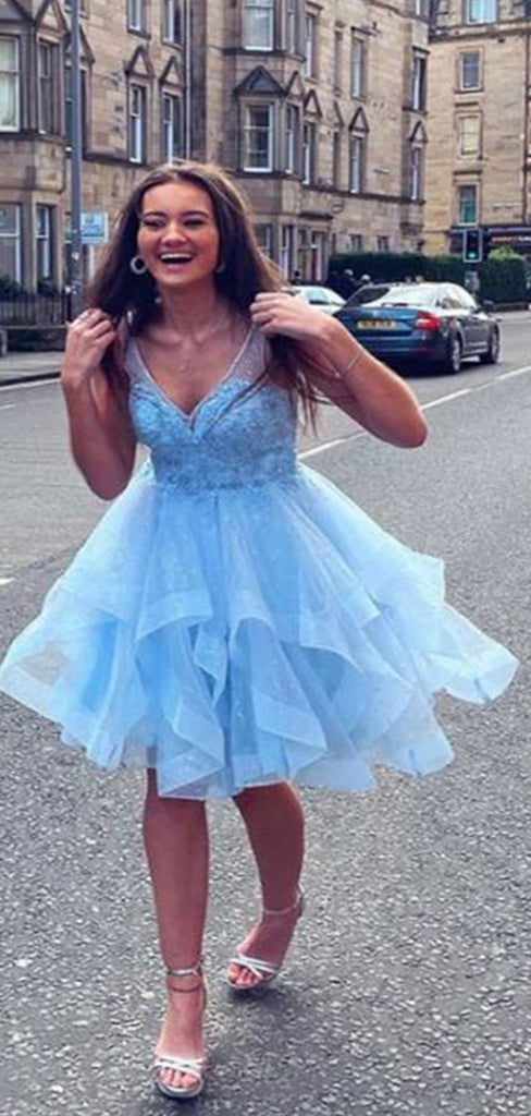 Gorgeous Blue Straps V Neck Sleeveless Applique Cheap Short Homecoming Dresses, EPT146