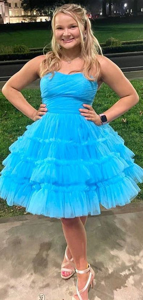 Elegant Blue Strapless Sleeveless Ruffle Cheap Short Homecoming Dresses, EPT176