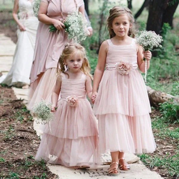 Cute Square Neck Pink Tulle Long Cheap Flower Girl Dresses with Handmade Flower, Wedding Flower Girl Dresses, FGD020