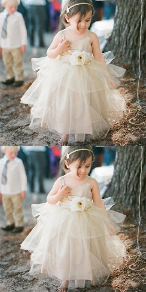 Lovely Ball Gown Spaghetti Straps Champagne Tulle Cheap Flower Girl Dresses, Wedding Flower Girl Dresses, FGD021