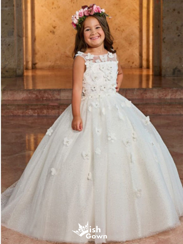 Floral Tulle Round Neck Sleeveless Applique Little Long Flower Girl Dresses, Wedding Flower Girl Dresses, FGD031