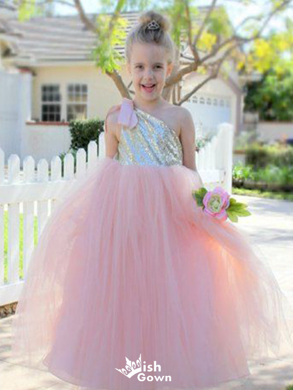 Cute Ball Gown One Shoulder Sleeveless Sequin Little Long Flower Girl Dresses, Wedding Flower Girl Dresses, FGD034