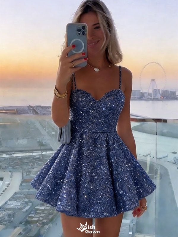 Sparkly Blue Sequin Homecoming Dress with Bow Back Sexy Open Back A-Line Party Gown, EPT721