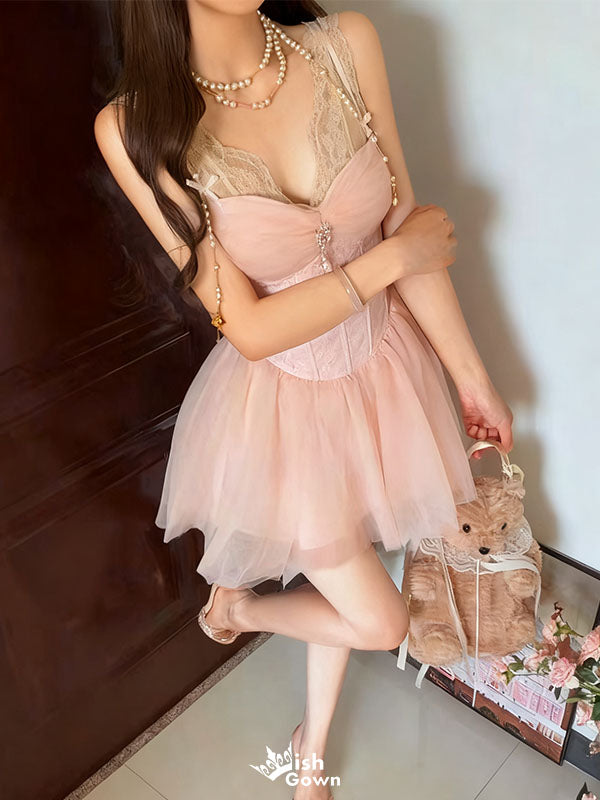 Sexy Pink V-Neck Sleeveless A -Line Lace Short Homecoming Dresses For Party , EPT665