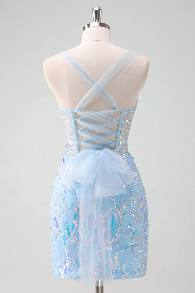 Sexy Blue Spaghetti Strap Sleeveless Mermaid Short Homecoming Dresses For Party , EPT664