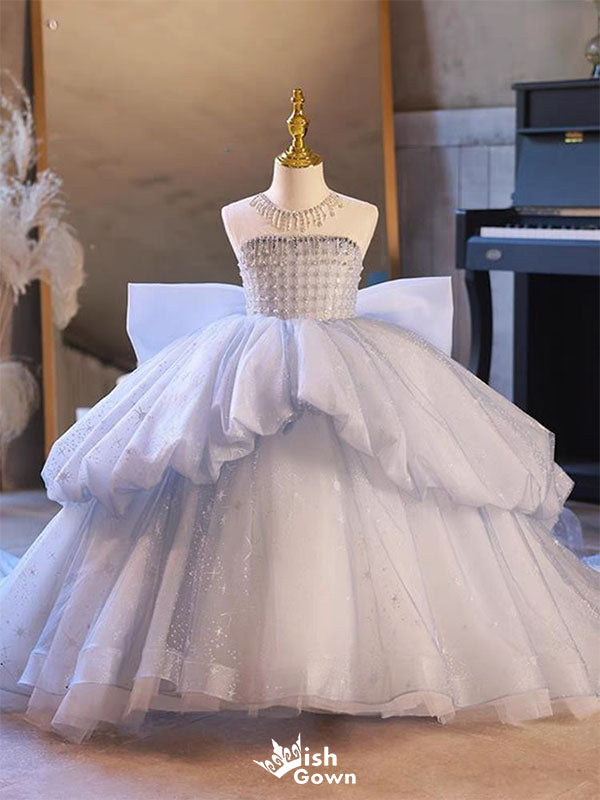 Sparkly Blue Sweetheart Sleeveless Floral Long A-Line Flower Girl Dress, FG027