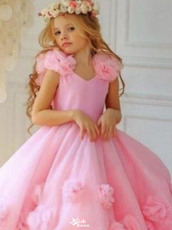 Cute Pink V-Neck Floral Long A-Line Flower Girl Dress , FG027