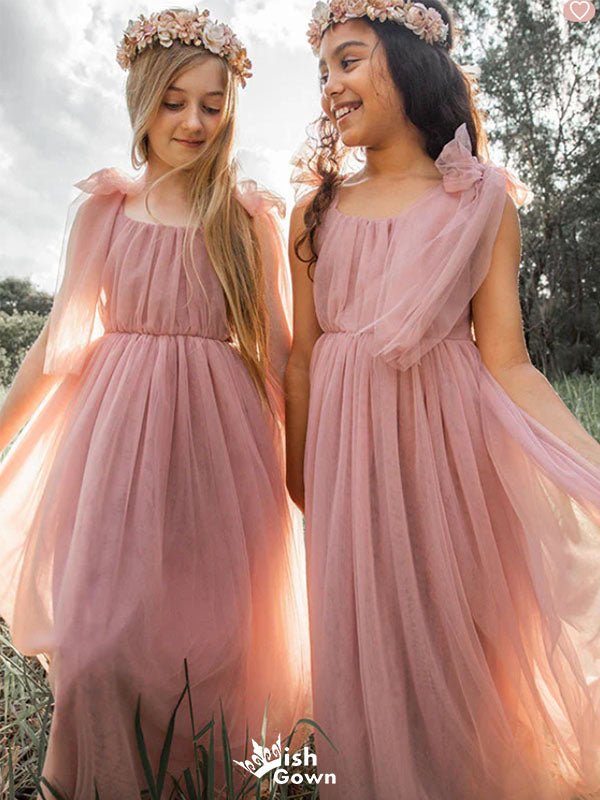 Cute Pink Square Sleeveless Floral Long A-Line Flower Girl Dress, FG030