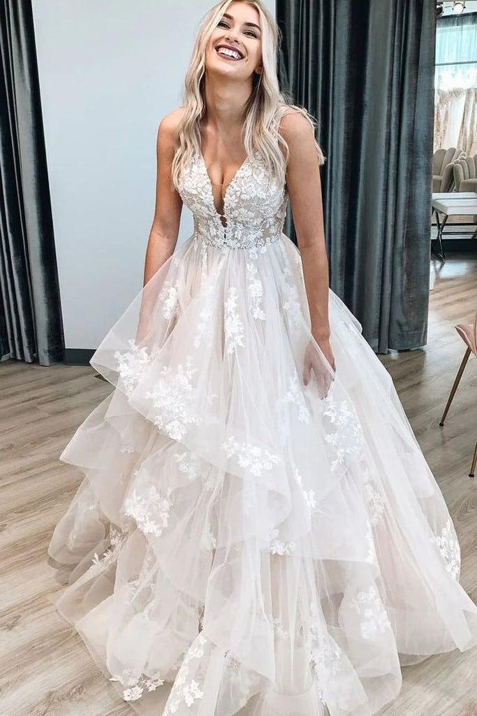 Fancy V-Neck Tiered Tulle A-Line Long Wedding Dresses With Sweep Trailing,WDH187