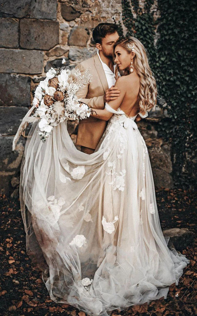 Unique Off Shoulder Floral Lace Wedding Dress A Line Tulle Bridal Gown,WDH189