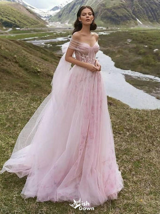 Elegnat Off-The-Shoulder Tulle Wedding Dress Pink Floral Applique Fairy Style Ball Gown,WDH190