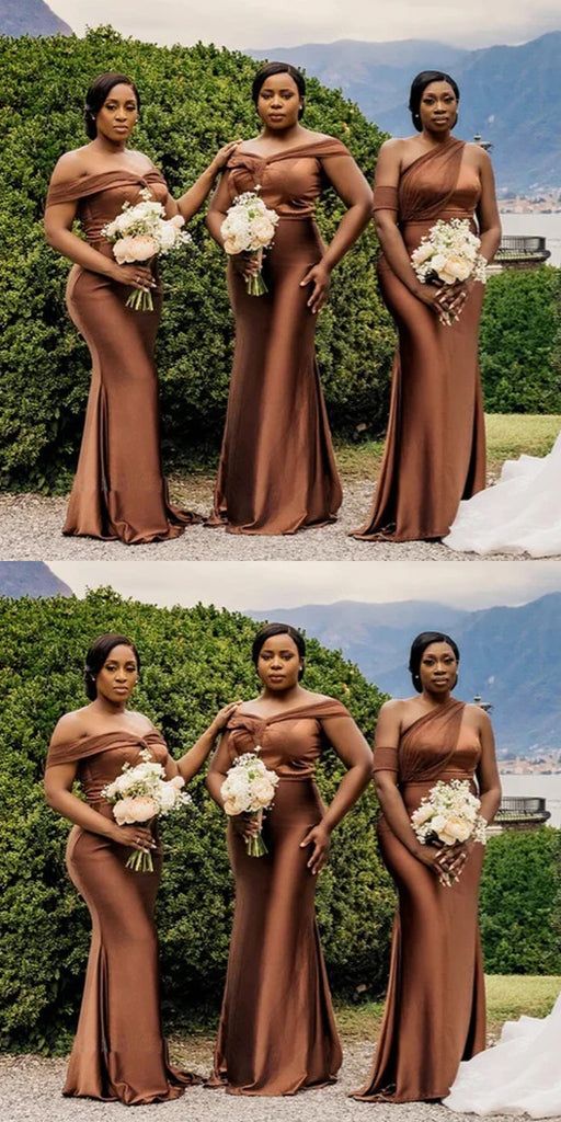 Mismatched Brown Mermaid Maxi Long Wedding Guest Bridesmaid Dresses,WGM189