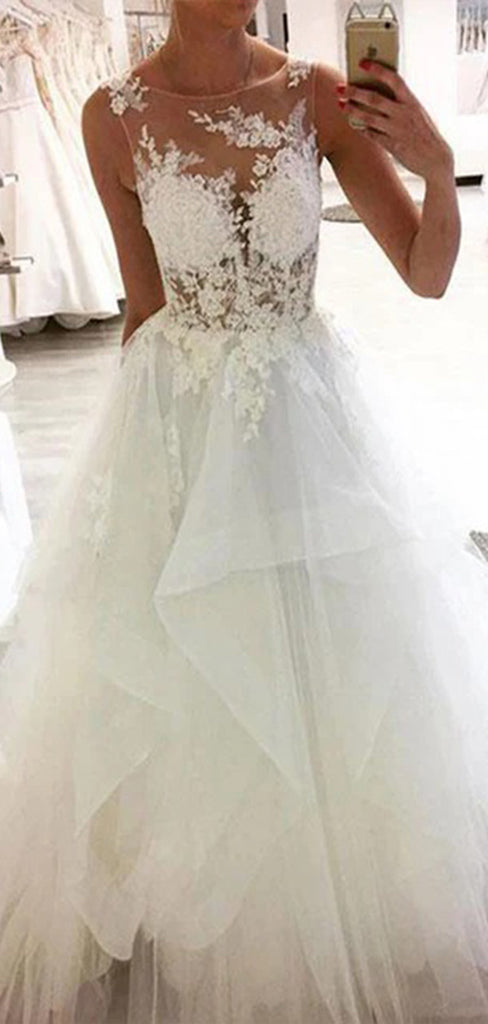 Elegant Illusion Sleeveless Applique Popular Bridal Long Wedding Dresses, WDH106