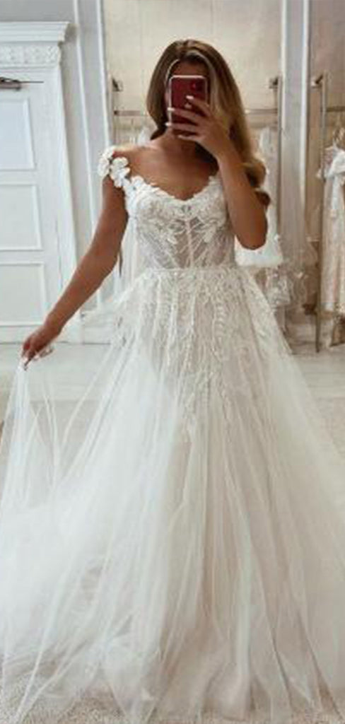 Gorgeous Tulle V Neck Cap Sleeve Applique Popular Bridal Long Wedding Dresses, WDH107