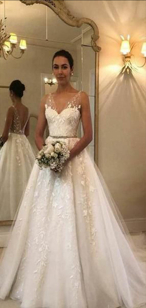 Romantic Tulle Straps V Neck 3/4 Sleeve Backless Applique Popular Bridal Long Wedding Dresses, WDH090