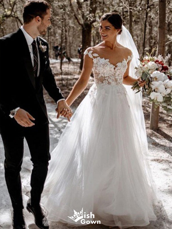 Romantic Tulle Cap Shoulder V Neck Applique Popular Bridal Long Wedding Dresses, WDH095