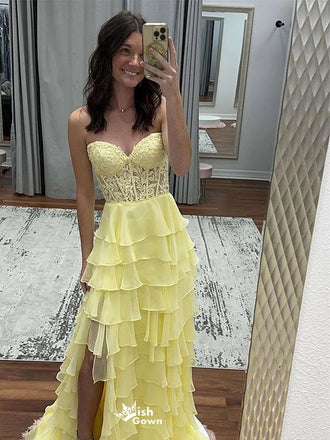 Elegant Yellow Sweetheart Lace Side Slit Long Prom Dress Ideas, Evening Party Dresses , WGP1866