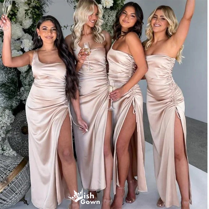 Simple Pink One Shoulder Side Slit Sexy Mermaid Cheap Maxi Long Wedding Guest Bridesmaid Dresses,WGM192