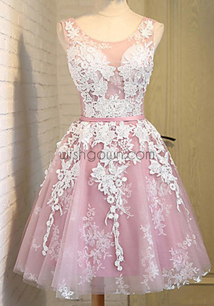 Off shoulder scoop neckline see through short pink homecoming prom dresses, CM0025