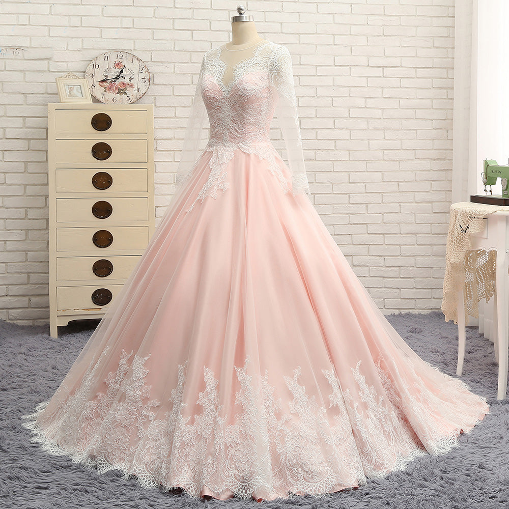 Long Sleeves V Neck Applique Blush Cheap Long Evening Prom Dresses, WG1003