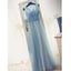 Blue V Neck Tulle Affordable Elegant Formal Long Prom Dresses, WG1007 - Wish Gown