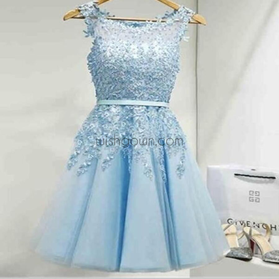 Light blue appliques lace see through lovely freshman homecoming prom gown dress,BD00109