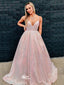 Cute Pink A-line Spaghetti Straps V-neck Maxi Long Evening Prom Dresses, WGP250