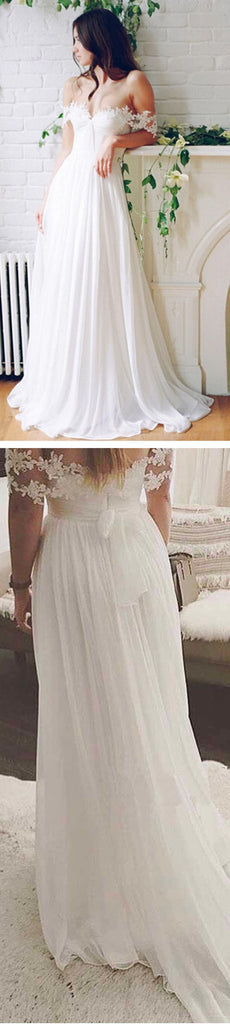 Popular Off Shoulder Long A-line White Chiffon Sexy Lace Wedding Dresses, WD0138