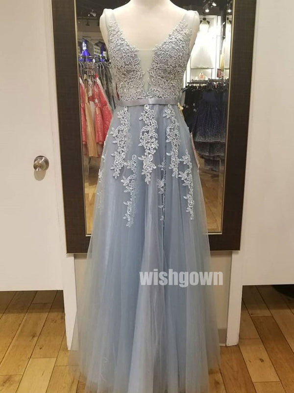 Elegant Applique A-line Tulle Long Prom Dresses PG1184