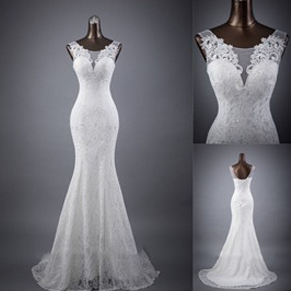 Elegant Sleeveless Mermaid Lace Up Popular White Lace Wedding Dresses, WD0142 - Wish Gown