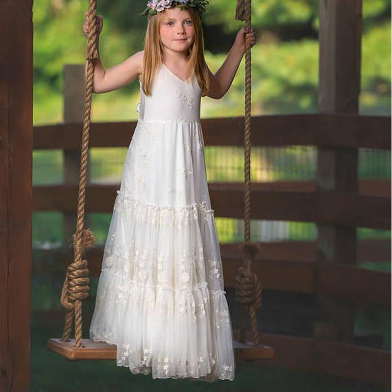 V-neck Sleeveless Long Tulle Lace Junior Bridesmaid Dresses, Flower Girl Dresses, FG061