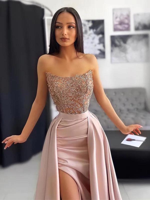 Sexy Pink Mermaid Strapless Side Slit Maxi Long Evening Prom Dresses, WGP257