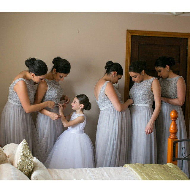 Silver Tulle Elegant Long Cheap Wedding Party Bridesmaid Dresses for Pregnant Girls, WG192