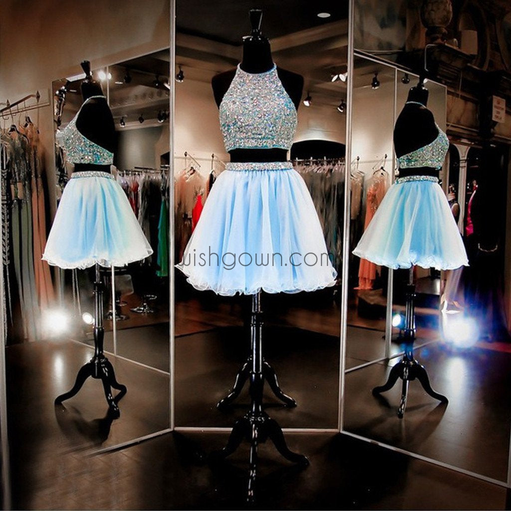 New Arrival two pieces halter sparkly backless crop tops freshman homecoming prom gowns dress,BD00116