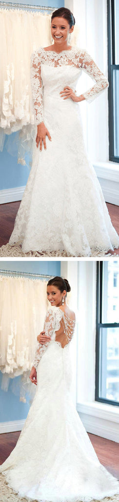 Round Neck Backless Long Sleeve White Lace Sexy Mermaid Wedding Party Dresses, WD0023