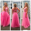 Junior Pretty Two Pieces Lace Pink Tulle Open Back Formal Cheap Long Prom Dresses, WG256