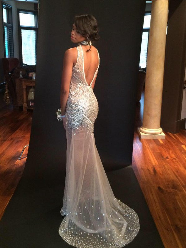 Unique Design Sexy See Through High Neck Backless Beaded Long Prom Dresses, WG273