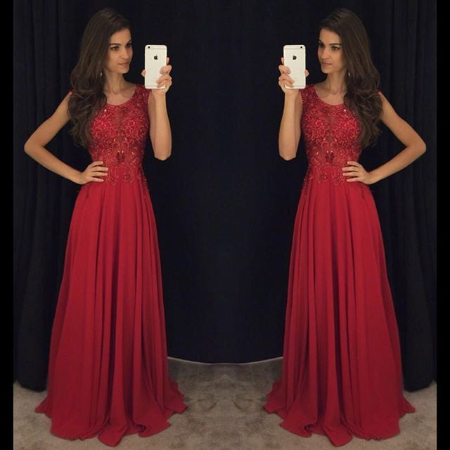 Red Cheap Formal A Line Modest Floor Length Chiffon Prom Dress, WG287