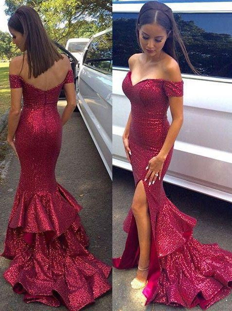 Shinning Off Shoulder Sequin Mermaid Side Slit Cheap Long Prom Dresses, WG297