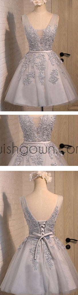 Off shoulder Grey lace Cute Tulle homecoming prom dresses, CM0023