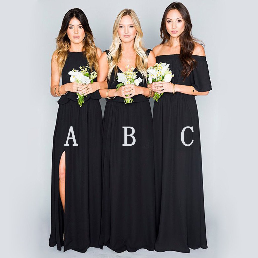 Black Chiffon Mismatched Eleagnt Long Wedding Bridesmaid Dresses, BG51062 - Bubble Gown