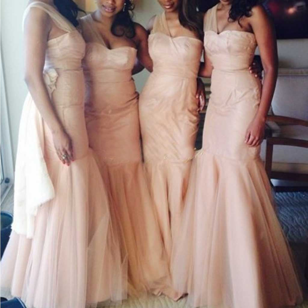 One Shoulder Mermaid Tulle Inexpensive Long Wedding Bridesmaid Dresses, WG326